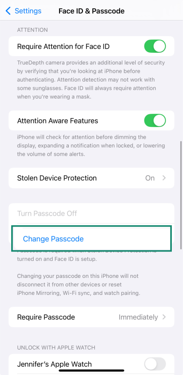 iPhone Face ID & Passcode settings with Change Passcode option selected