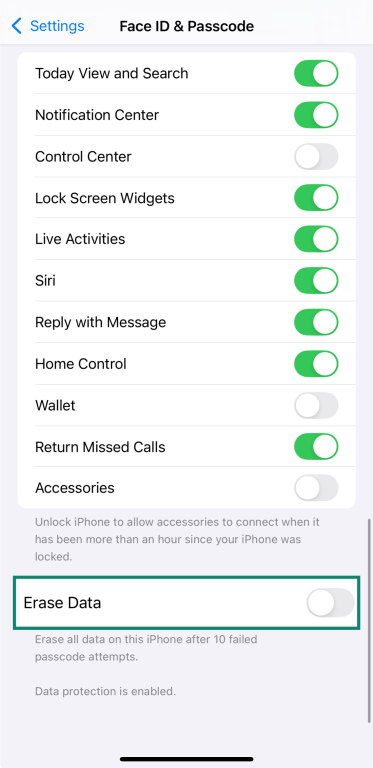 iOS screen showing Erase Data option.
