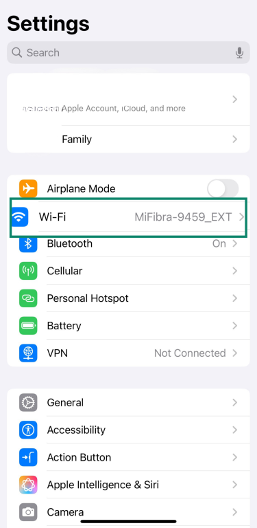 Wi-Fi settings screen on iPhone with connected network highlighted.