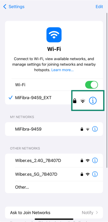 iPhone Wi-Fi settings with selected network info icon