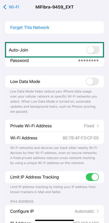 iPhone Wi-Fi network settings with Auto-Join turned off