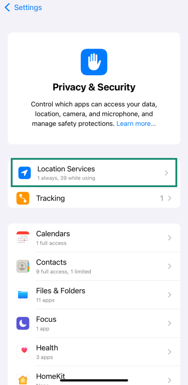 iPhone Privacy & Security settings screen