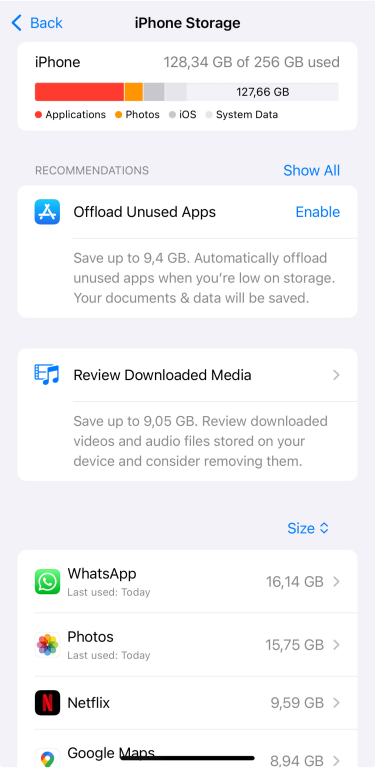 iPhone Storage screen showing options to offload or delete unused apps