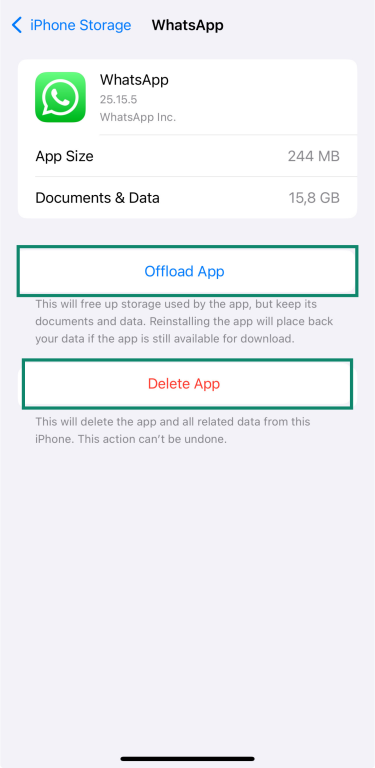 App details screen with Offload and Delete options for WhatsApp.