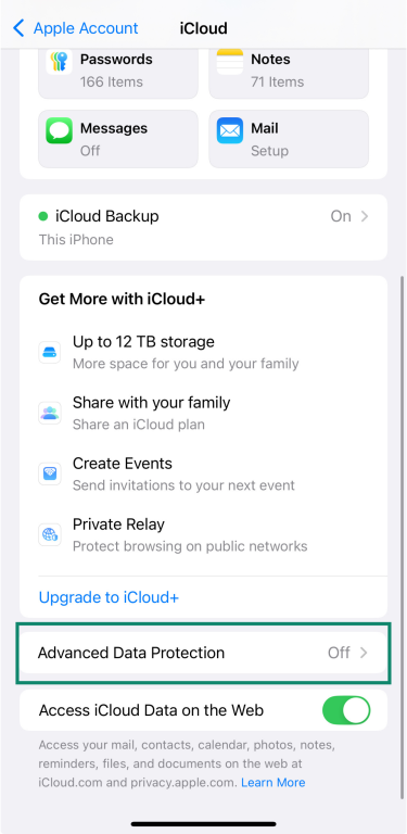 iCloud settings screen on iPhone with Advanced Data Protection option highlighted