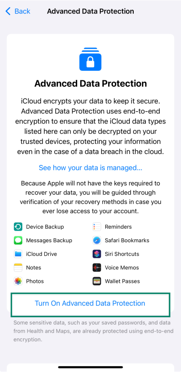 iOS screen showing option to Turn On Advanced Data Protection.