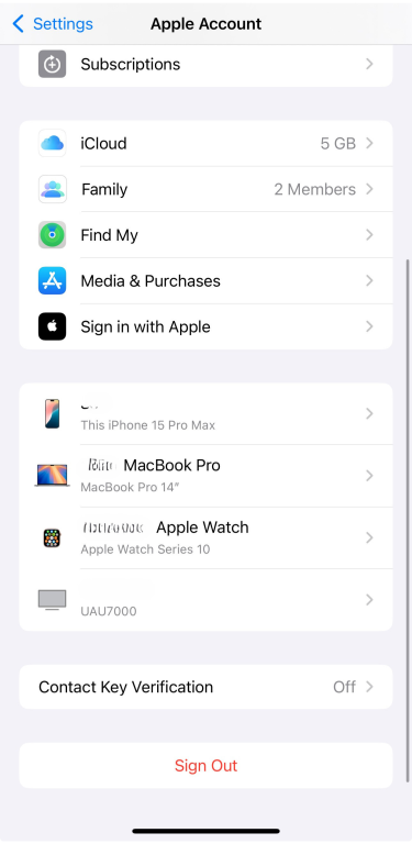 View of Apple ID account settings showing linked devices and services.