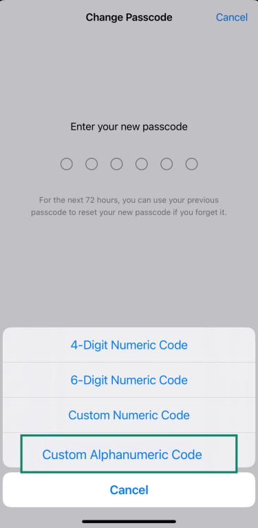 iPhone screen showing Custom Alphanumeric Code option for passcode setup