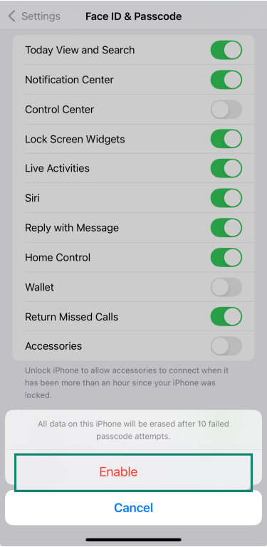 iOS screen showing how to enable Erase Data.