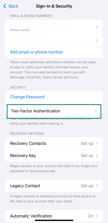iPhone screen with Two-Factor Authentication option in Sign-In & Security