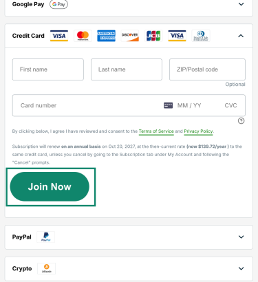Checkout page for ExpressVPN showing the card details fields.
