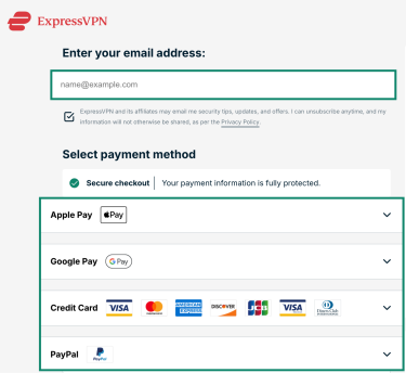 ExpressVPN's signup page with the email and payment methods highlighted.