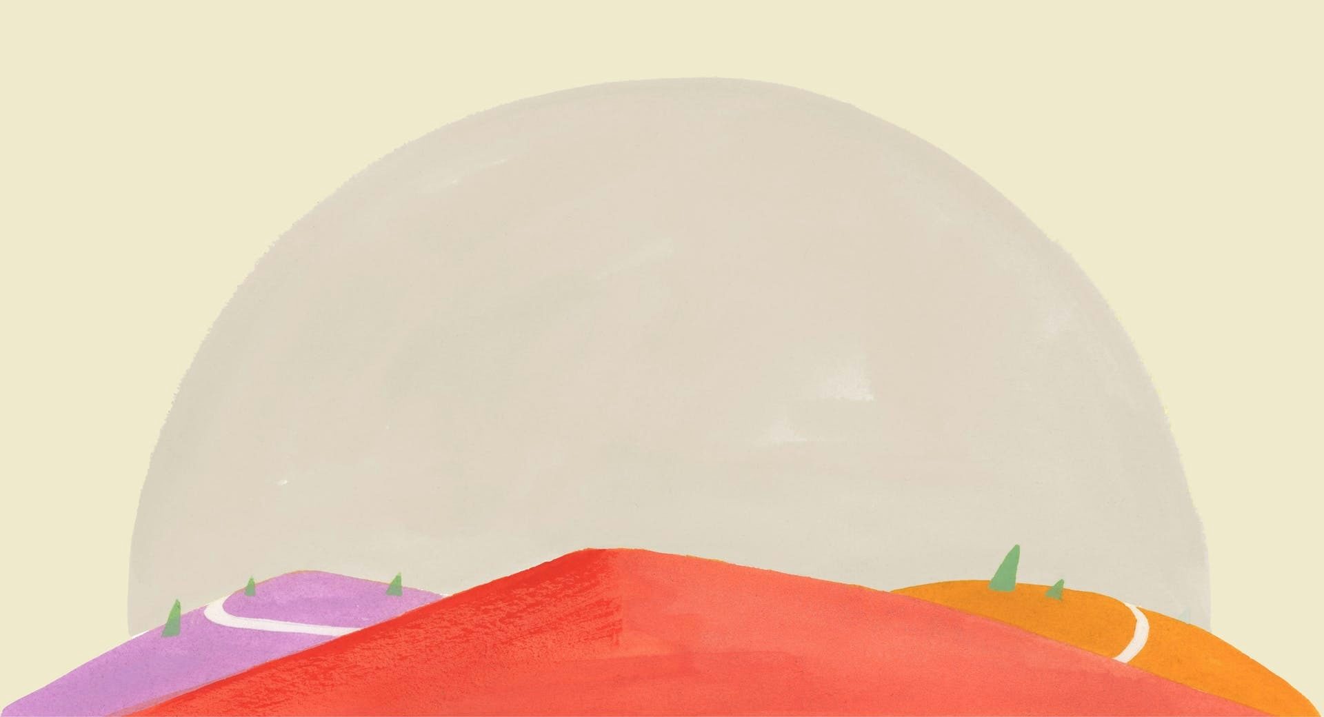 Иллюстрация ExpressVPN с разноцветными дорожками, ведущими через холм, символизирующими безопасные, быстрые и глобальные интернет-соединения.